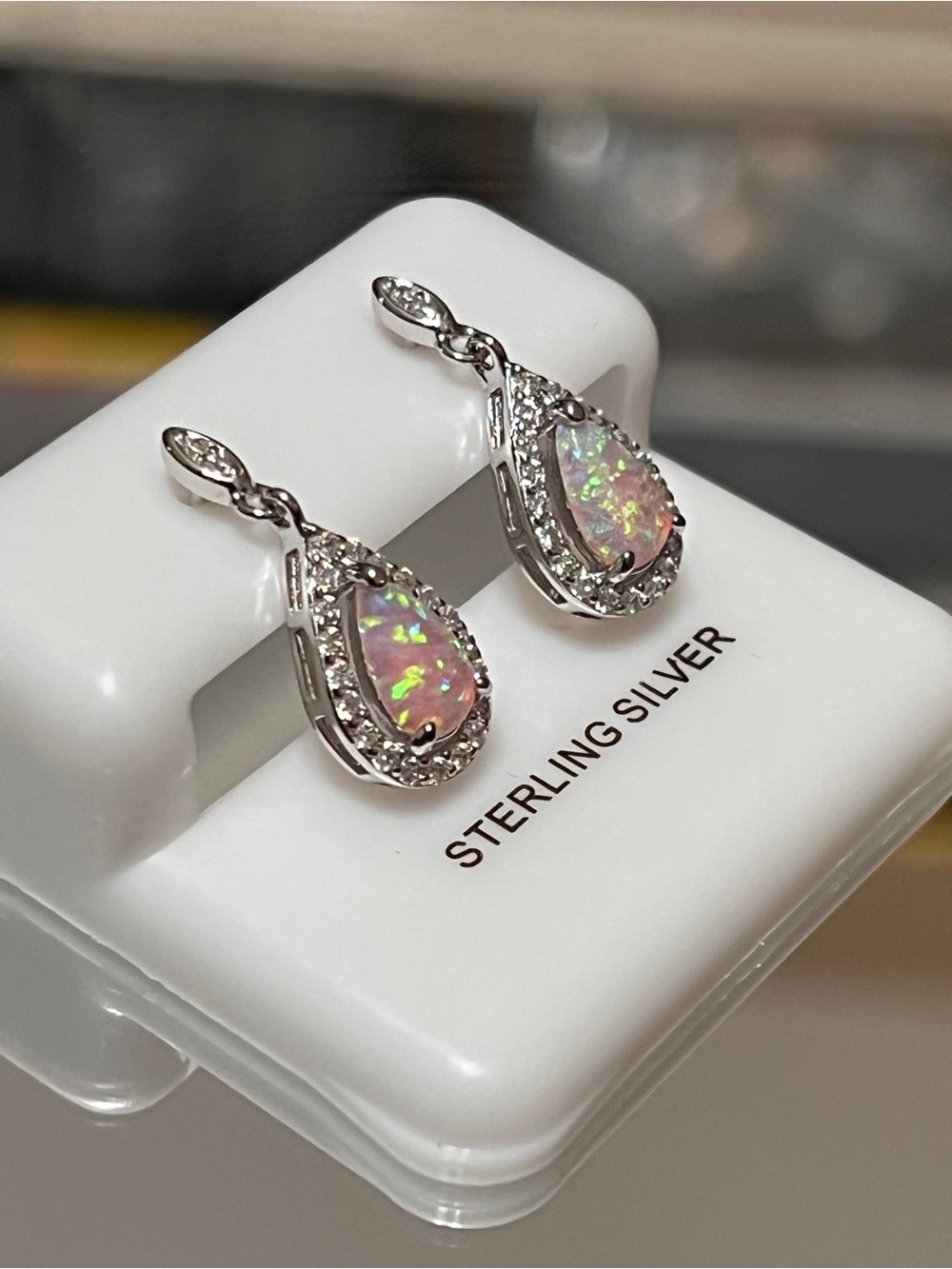 Pink Opal Teardrop Halo Drop Earrings in 925